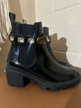 Gucci Black Crystal Chelsea Boot with Gold GG and Crystal Strap size us 7 eu 38